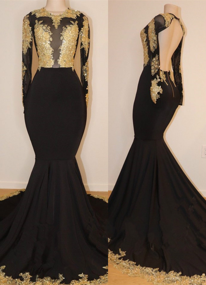 

2019 Black Mermaid Prom Dresses With Gold Appliqued Jewel Neck Sweep Train Long Sleeve Evening Dress Backless Special Occasion Gowns, Same as image