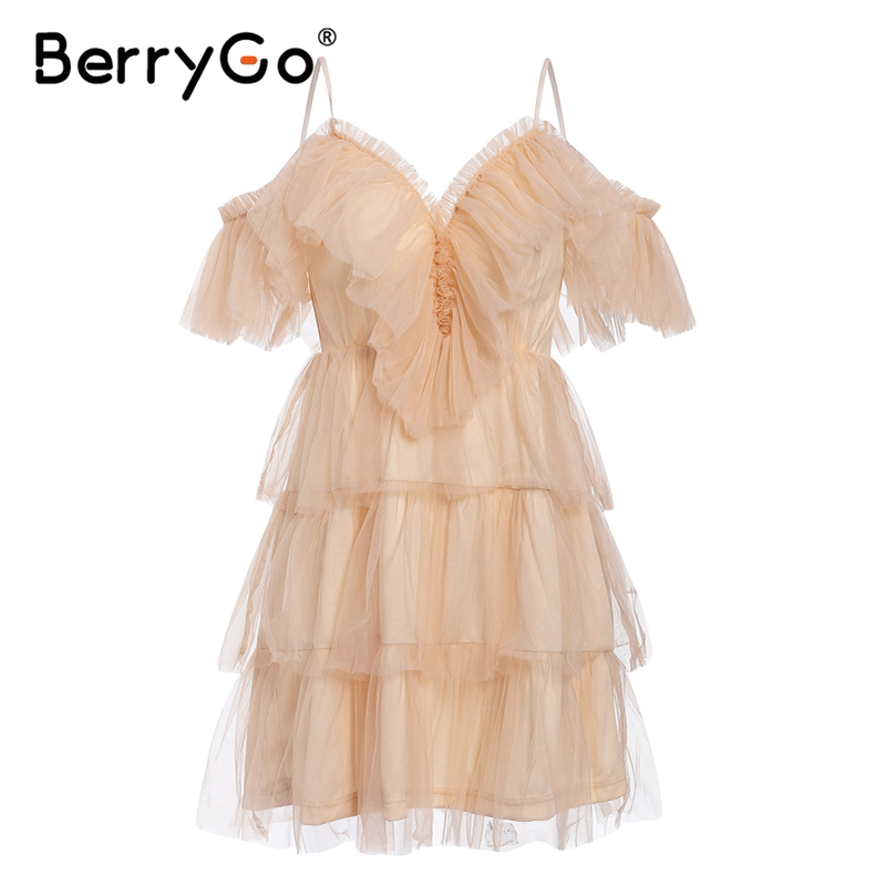 

BerryGo Sexy off shoulder ruffle mesh dress women Elegant multi-layer cake female summer dress Club ladies short party dresses, Nude