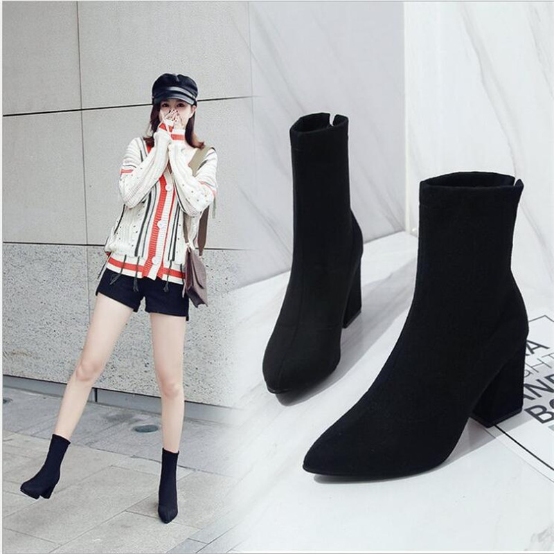 

HOT Woman Shoes Sexy Zip Up Square High Heels Party Women Boots Winter Top Quality, Black 8.5 cm