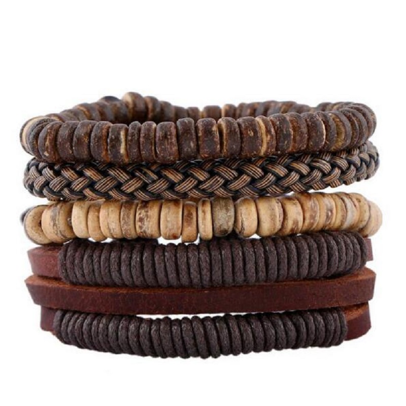 

New 4pcs 1 set leather bracelet men natural coconut shell beads jewelry factory price top Bracelet sets Christmas Gift for Kids