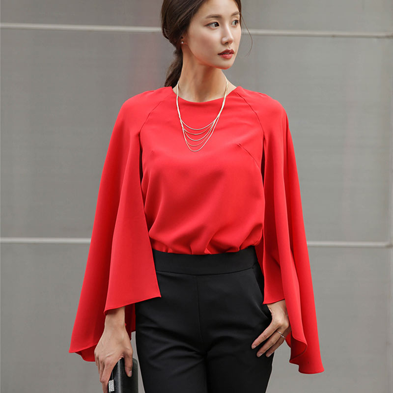

2020 Fashion Women Shirts Fake Two Pieces Cloak Sleeve Cape Shirt Female Summer Chiffon Blouse Camisas Mujer Chemises Femme, Red