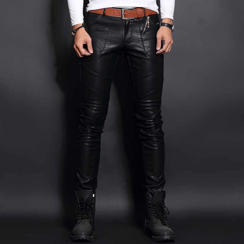 

High Quality Faux Sheepskin Leather Punk Male Trousers Rock Skinny Pants Men Casual Slim Fit Biker Autumn Winter Pantalon Homme, Black