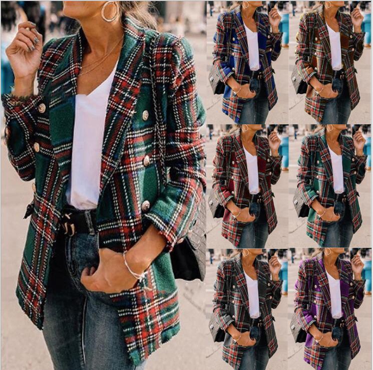 

Vintage Double Breasted Frayed Checked Tweed Jackets Fashion Winter Women Pockets Plaid Ladies Outerwear Casual Femme Jackets, As show