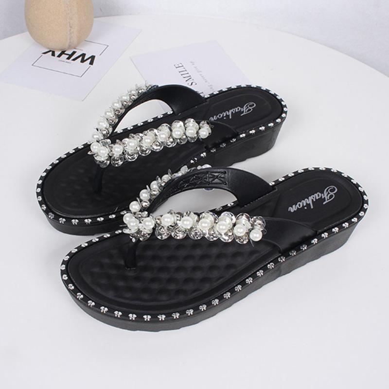 

SAGACE 2020 New Women Summer Platform Shoes Women Pearl Wedges High Heel Woman Outdoor Beach flip flops Slippers Sandals Female, Wh
