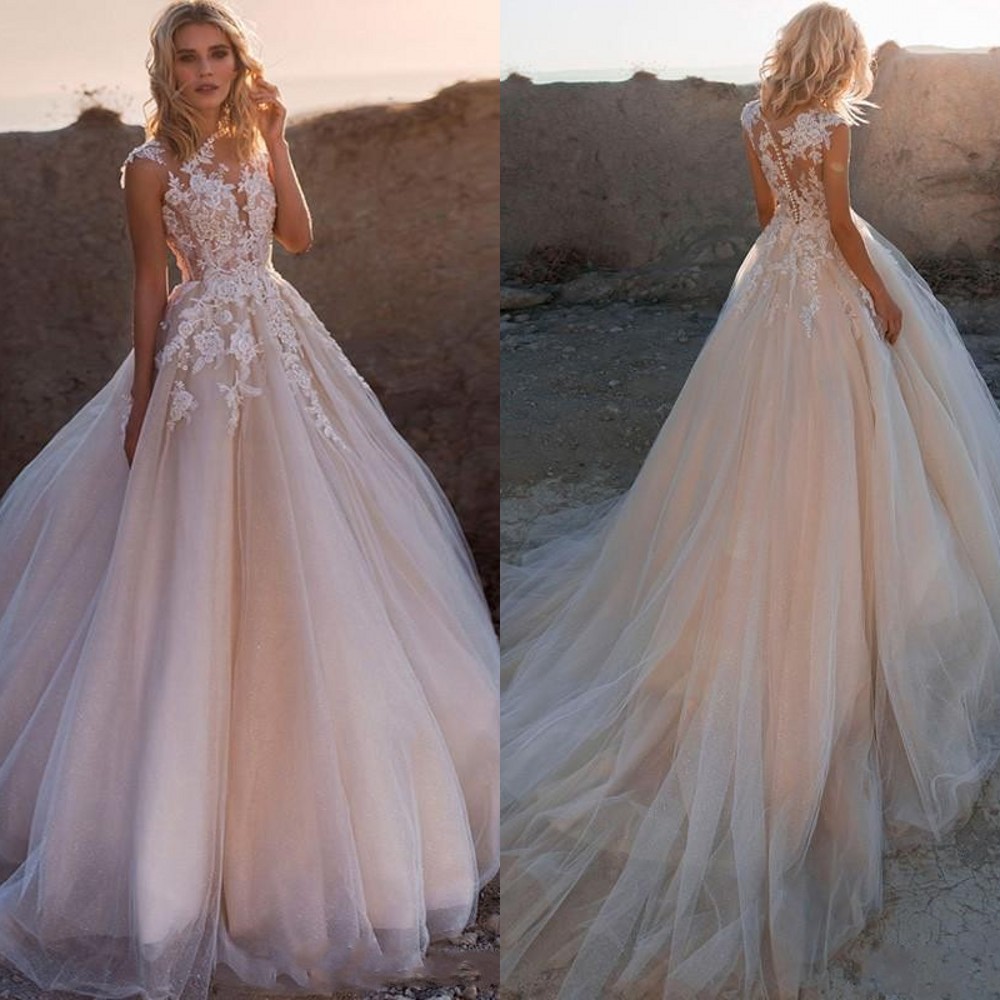

New Bohemian Blush Pink Cheap Plus Size A Line Wedding Dresses Cap Sleeve Lace Appliqued Wedding Dress Bridal Gowns Vestidos De Novia Custom, Ivory