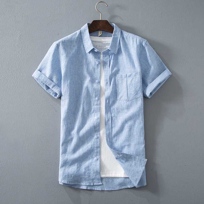 

2020 New style fashion Men' High quality in summer cotton linen short sleeve shirts/Male slim fit Lapel casual stripe shirt 4XL, Beige