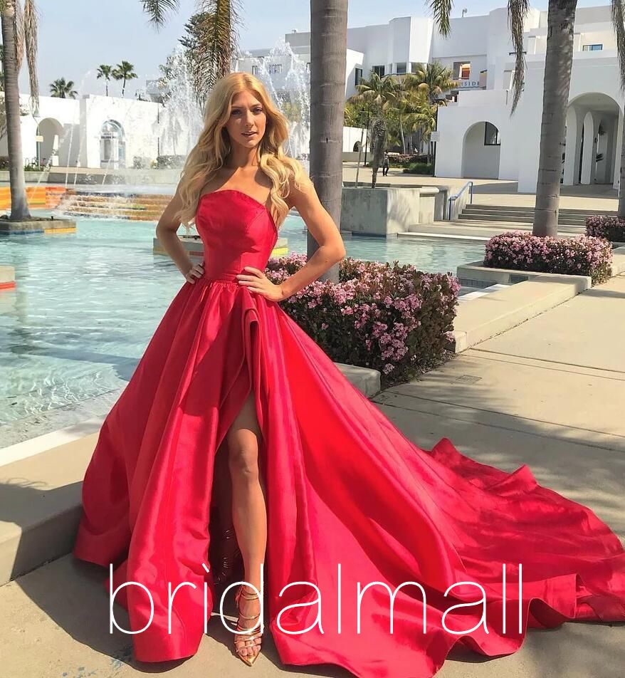 

Strapless Red Satin Long Prom Dresses 2020 Sexy Side Slit Formal Evening Dresses Sweet 16 Party Gowns Vestidos de fiesta Long Abendkleider, Lilac