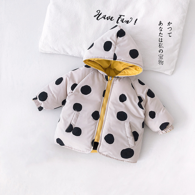 

Children Dinosaur Dot Both Sides Down Cotton Coat Toddler Kids Thicken Thermal Outerwear Baby Boy Hooded Double-faced Snow Wear, Yellow