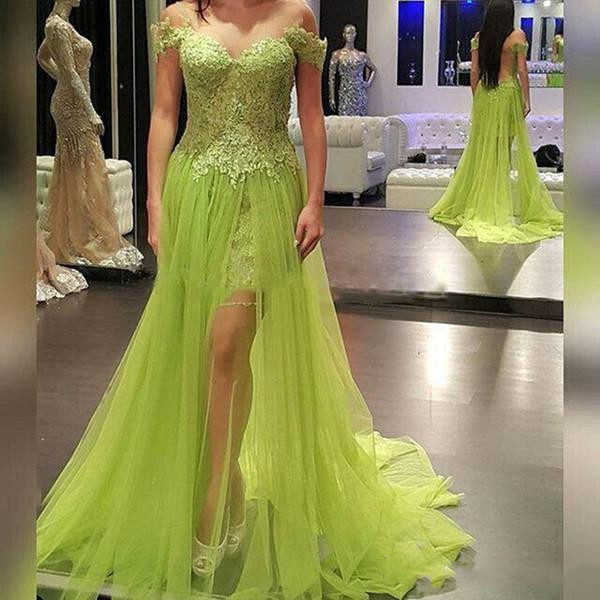 2020 Sexy Lace Haut Bas Robes de soirée Voir-travers sweetheart mancherons Party Robes Illusion Appliques Retour Arbaic robe de bal