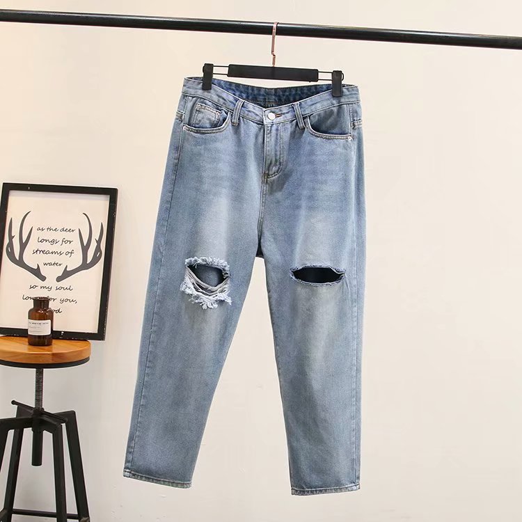 

Plus Size Casual Harem Jeans 2019 Autumn Women Fashion Loose holes denim Ankle-Length Pants T55-6028, Blue