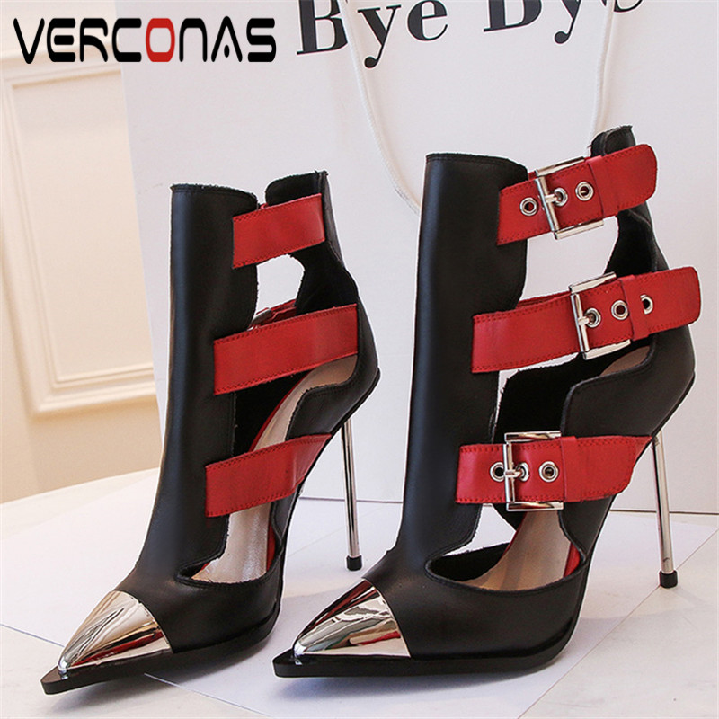 

VERCONAS 2020 Fashion Woman Boots Woman Pumps Genuine Leather Metal Decoration Classic Design Pointed Toe Thin Heel Shoes, Black