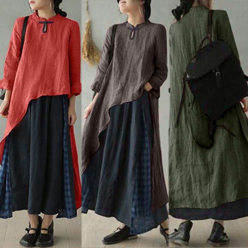 

ZANZEA 2020 Vintage Asymmetrical Shirts Women' Spring Blouse Casual Plate Button Long Tops Female Solid Baggy Tunic Oversized, Gray