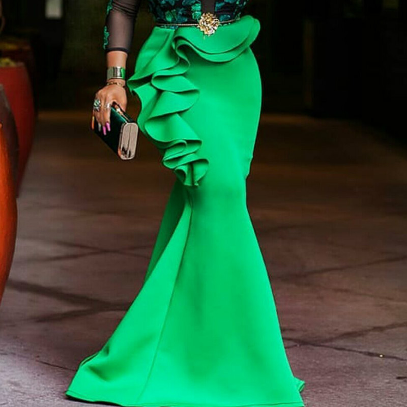 

Green Long Mermaid Skirts Women Autumn Winter 2019 Asymmetrical Ruffles Boadycon High Waist Party Evening Maxi Skirts