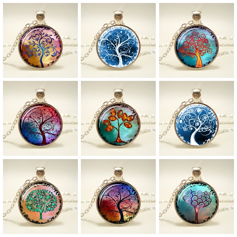 

Fashion Life Tree Pendant Necklace Vintage Silver Color Long Chain Necklace In Jewelry Classic Glass Cabochon Necklace