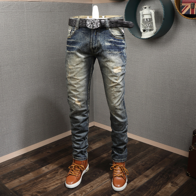 2024 new retro old summer nostalgic beggar pants yellow youth jeans men's hole washed light color slim small foot casual pants tide 28-38