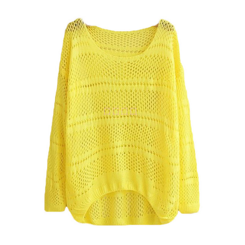 

women summer new plus size knitted sweater O neck the long sleeves hollow solid color sweater Front Short Back Long QH0169, Beige