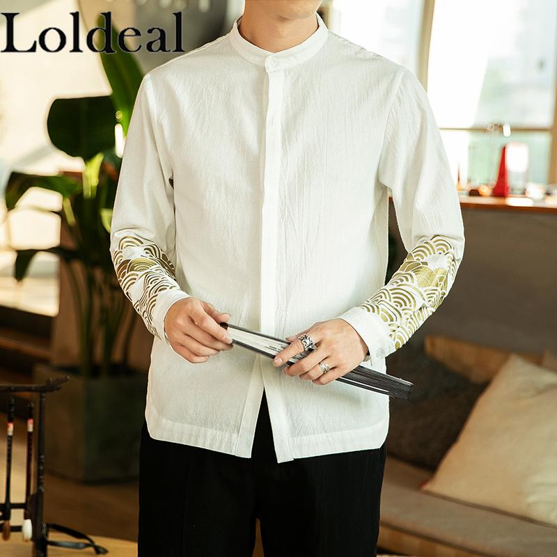 

Loldeal Chinese Style Long Sleeve Shirt Vintage Cotton Stand Collar Print Single Breasted, Black