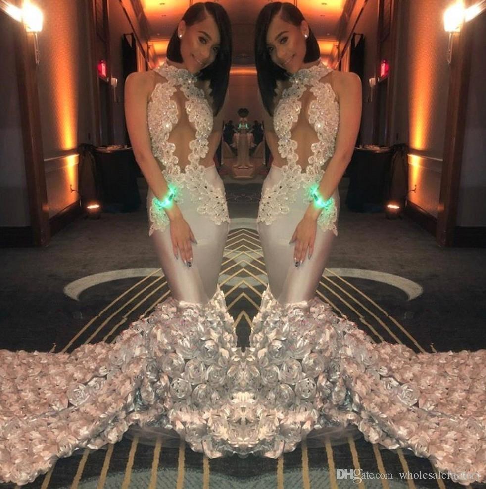 

2019 Silver Mermaid Prom Dresses High Neck Lace Applique Beaded 3D Flowers Evening Dress Iluusion Bodice Sweep Train Formal Party Gowns, Gold