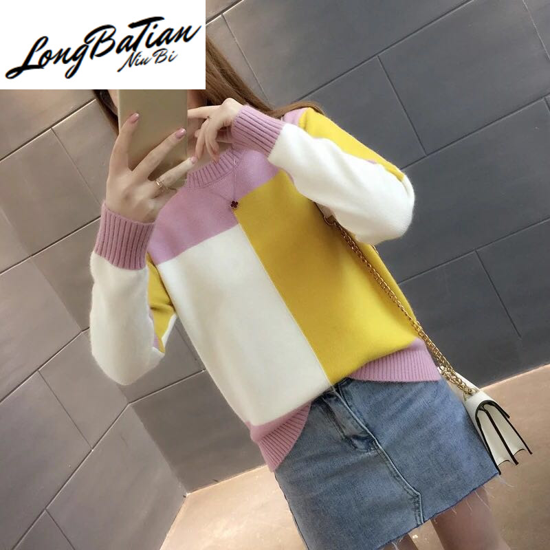 

Autumn Winter Korean style Short Loose Contrast Color Sweaters Women O-Neck Long Sleeve Jumper Pullover Knitted Sweater Female, 01