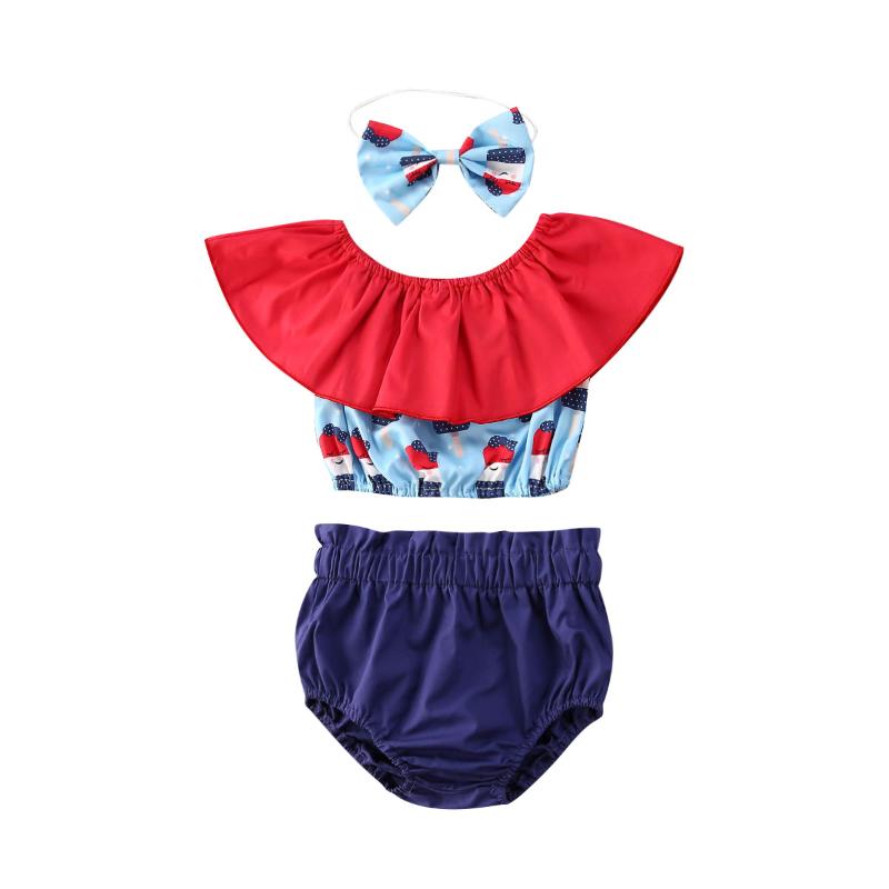 

0-18M Toddler Baby Girls Clothes Sets Baby Ruffles Collar Off Shoulder Ruffles Print T Shirts Crop Top+Shorts+Headband 3Pcs Suit, Red