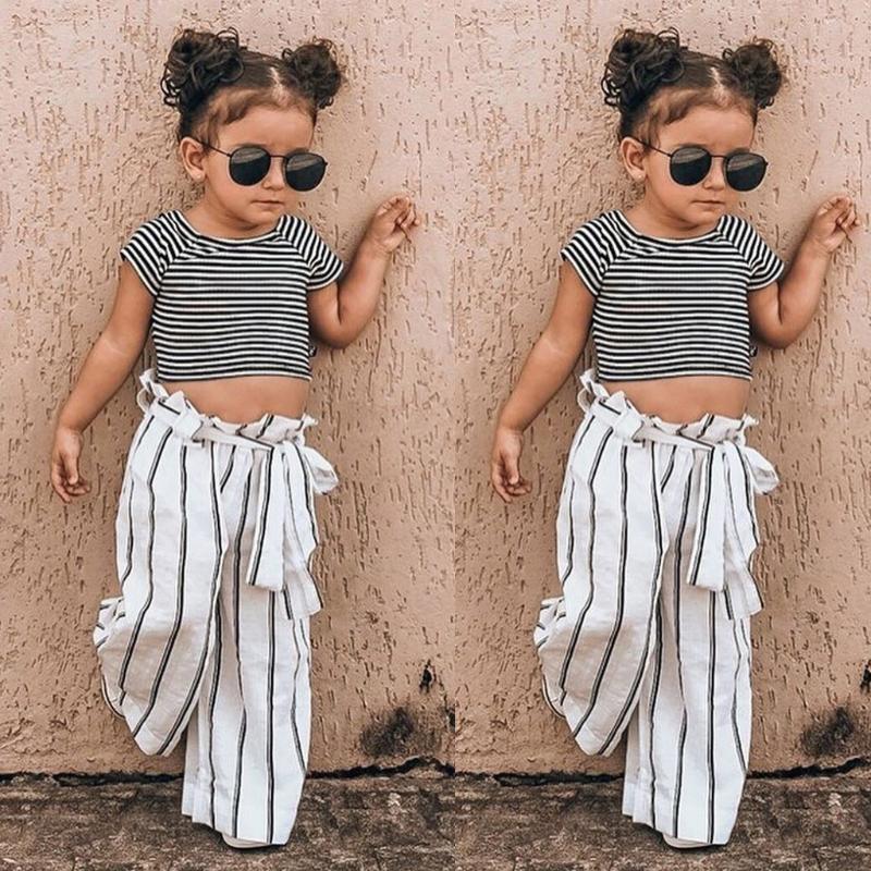 

2pcs Summer Toddler Kids Baby Girls Clothes Set Striped T shirt Tops Bow Pants Trousers Outfits Set Short Sleeveless Clothing, Multi