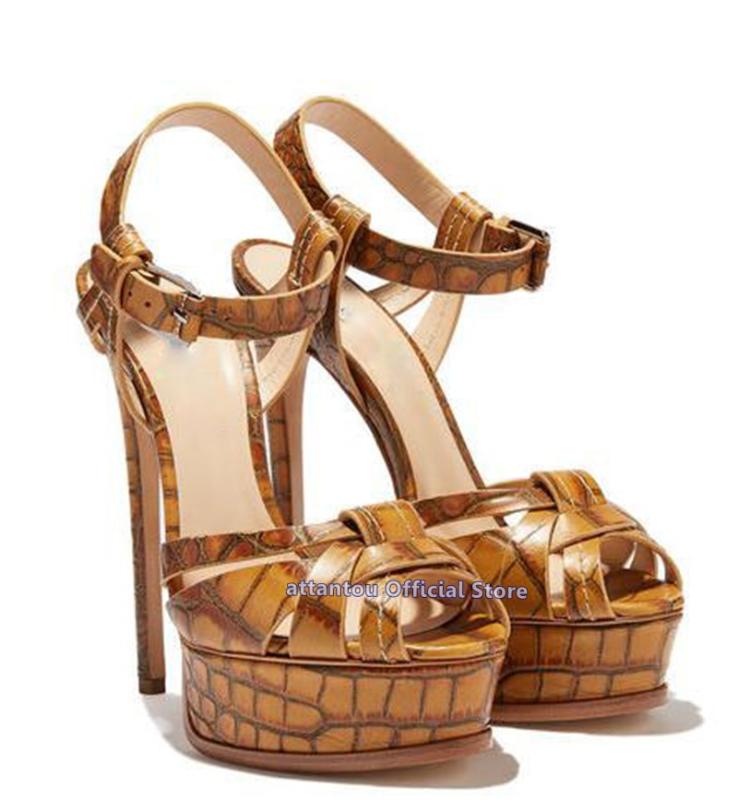 

2020 Summer Sella Brown crocodile print leather narrow band open toe ankle wrap sandals Woman thin high heel platform dress shoe, Beige