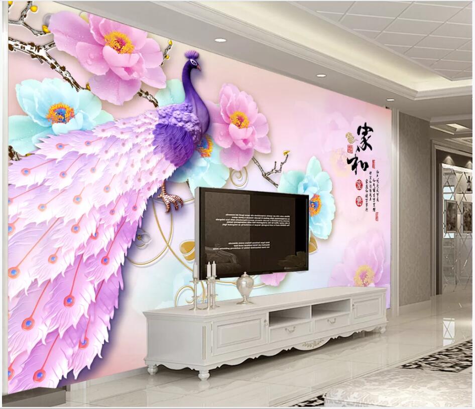 

3d wallpaper custom photo Jade Carving Peony Flower Peacock tv background living room home decor 3d wall murals wallpaper for walls 3 d, Non-woven wallpaper