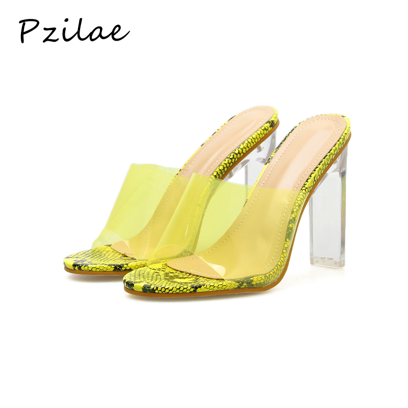 

Pzilae New women summer slippers PVC jelly crystal heel transparent shoes sexy ladies clear heels slides pumps shoes size 40, Green