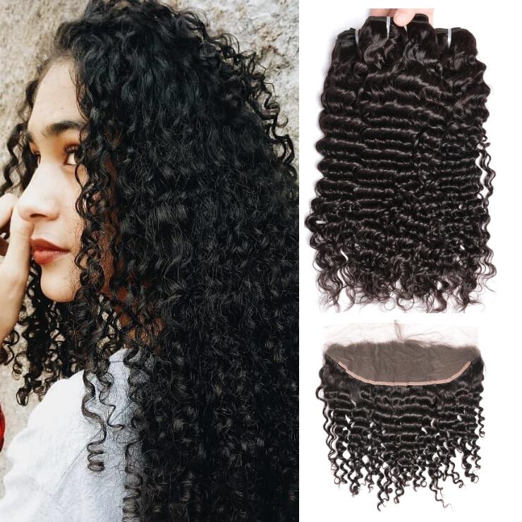 

Brazilian Peruvian Virgin Curly Wave Human Hair Bundles With Lace Frontal Deep Indian Mongolian Curly Wave Human Hair Weaves