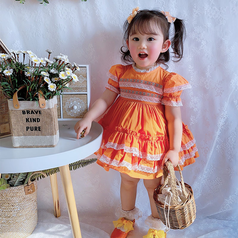

2020new Custom VTG Baby Orange Court Style Bubble Dress Fashion Girl Princess Dress Birthday Baby Retro Summer, Beige