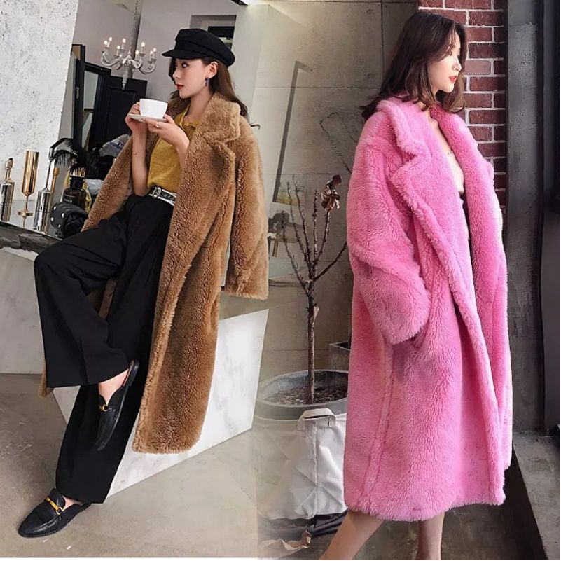 

Faux Fur Coat Teddy Bear Brown Fleece Jackets Women Outerwear Fuzzy Jacket Thick Overcoat Warm Long Parka shearling Overcoat, Black