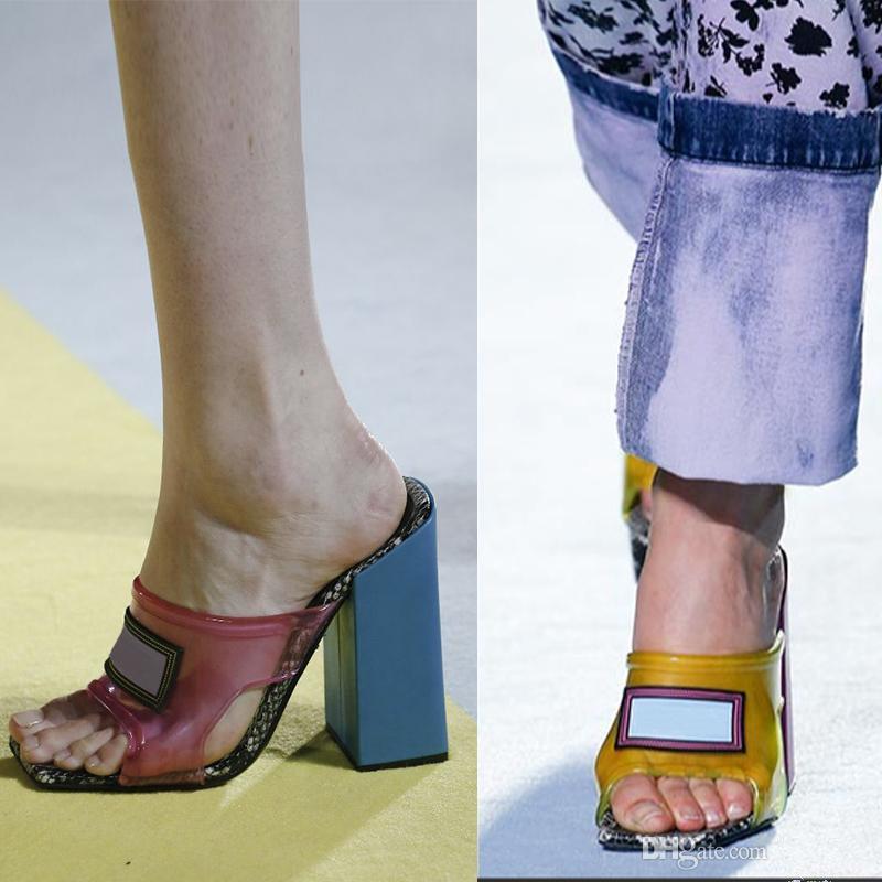 

2020 New Women transparent PVC heels sandals Genuine leather fancy shoes High Heel Mules Slides slipper Large size 34-42 EUR with shoes box, Blue 12cm