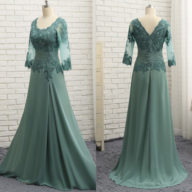 

Plus Size Green 2020 Mother Of The Bride Dresses A Line Scoop Neck 3/4 Sleeve Chiffon Lace illusion Formal Party Gowns Wedding