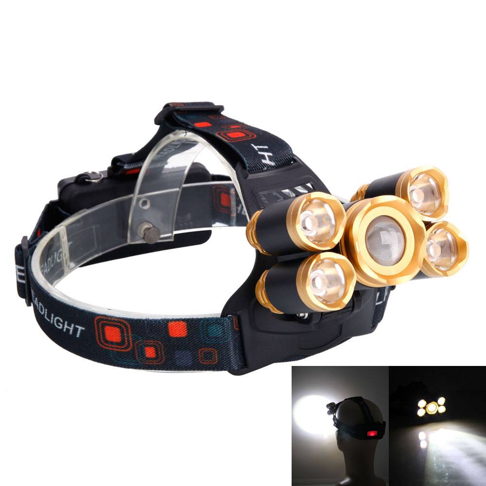

4 Modes Newest 3.7V 2400LM 5T6 Flexible LED Zoom Highlight IPX4 2400LM Outdoor Aircraft Headlamp Golden