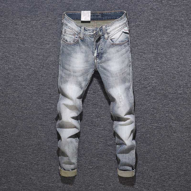 

Italian Style Fashion Men Jeans Slim Fit Retro Gray Ripped Jeans Men Denim Hip Hop Pants Streetwear Vintage Designer Homme