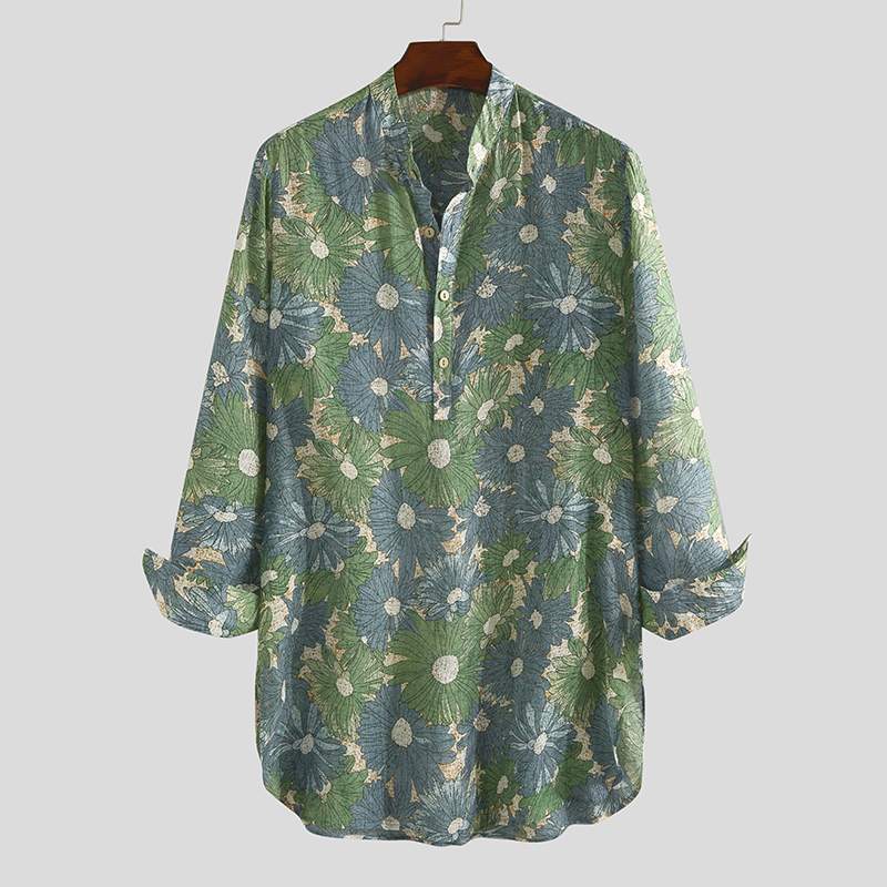 

Men Floral Printed Shirts Vintage Long Sleeve V Neck Shirt Loose Breathable Blouse Man Casual Long Style Clothing Tops Plus Size, Blue