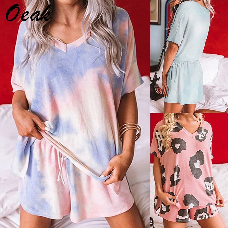 

Oeak Fashion Tie Dye Printed Pajamas Set 2pcs Print T Shirt And Shorts Summer Set Loungewear Nightwear Sleepwear Homewear, White