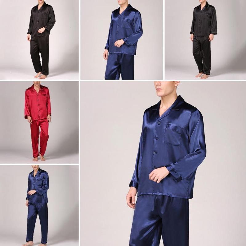 Été hommes pyjama ensemble Imitation soie pyjamas hommes vêtements de nuit imprimé chemise à manches longues haut pantalons longs vêtements de nu