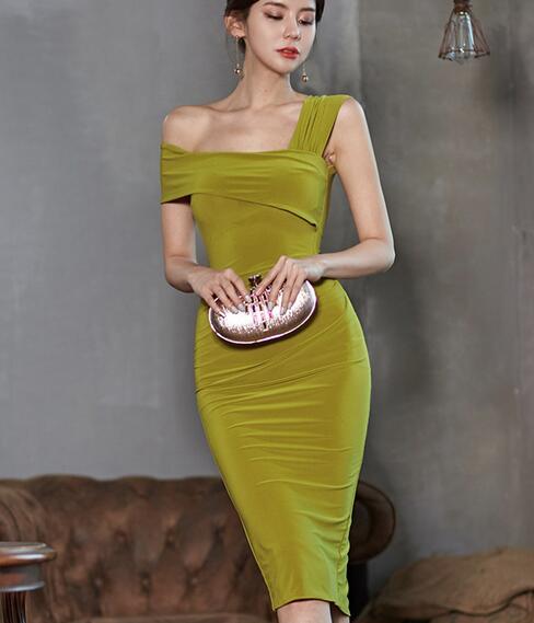 

Spring and summer Korean sexy shoulder pleated bag hip vest dress, Yellow