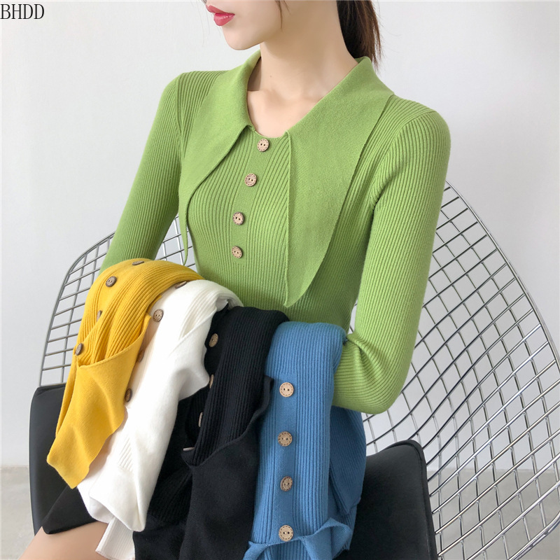 

BHDD Korean Harajuku  Turn-down Collar Women Sweater Solid Button Pullovers Knit Sweater Women Sexy 5 Colors Warm Winter, Green