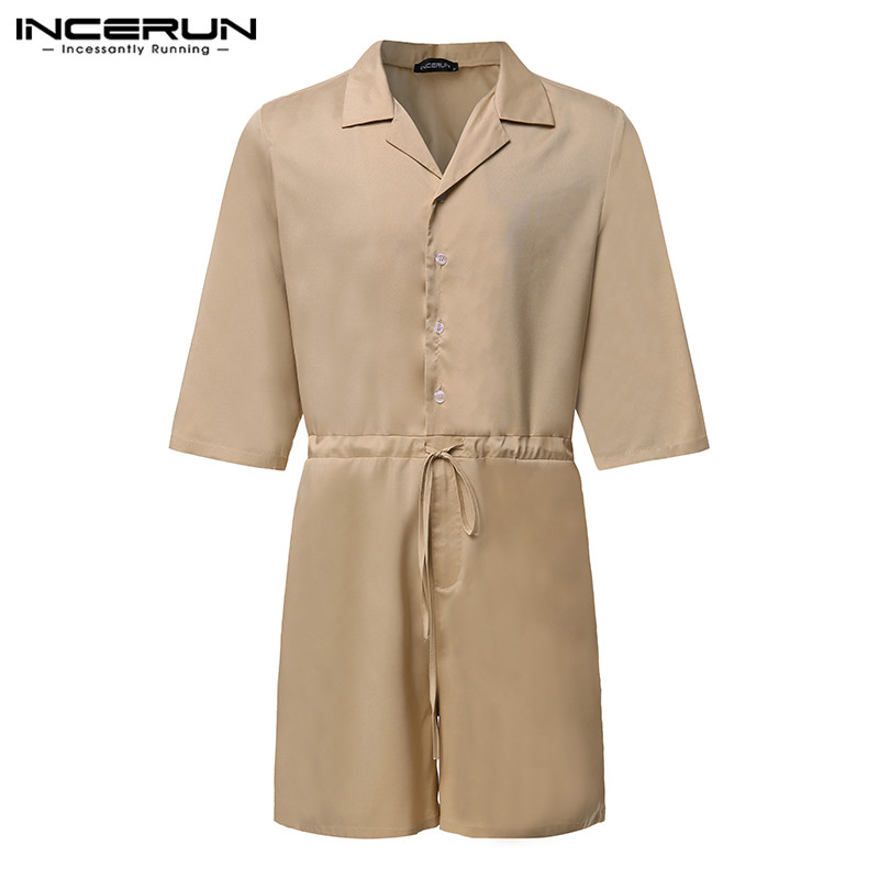 

INCERUN 2019 Fashion Men Rompers Shortsleeve Jumpsuit Solid Button Street Leisure Lapel Playsuit Trousers Men Overalls -5XL 7, Beige