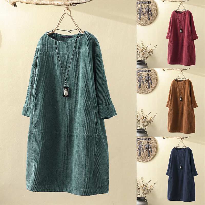 

Corduroy Dress ZANZEA 2020 Autumn Women Kaftan Casual Sweatshirt Long Sleeve Tunic Vestido Female Solid Hoodies Robe Plus Size, A solid green