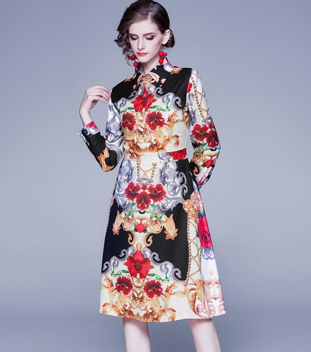 

French court vintage long-sleeved dress Street Style Dresses spring new lapel slim print mid-length shirt skirt, Multi