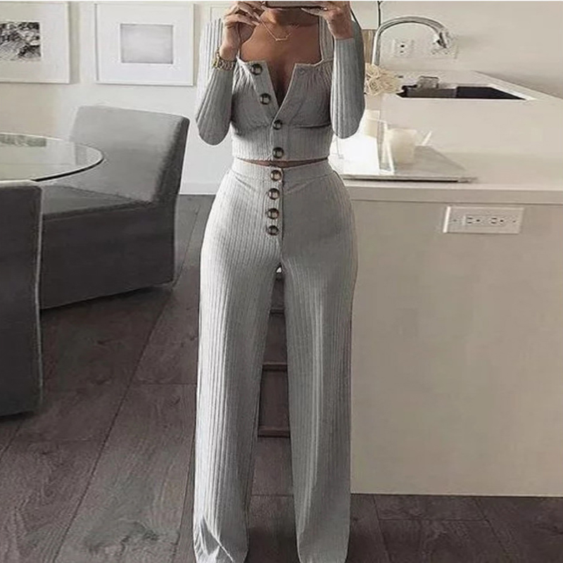 

Sexy Two Piece Set Crop Top Pants Long Sleeve Scoop Collar Buttons Solid Women Sets Tracksuits Spring Two Piece Outfits G1225, White