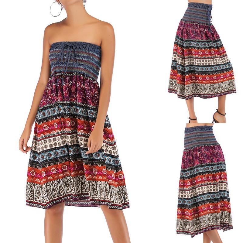 

Skirts Women printed bow bohemian bandage Tube top long Skirt Polyester Large Hem mature Elastic Female skirt, As pic