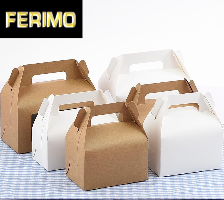 

50pcs High Quality Kraft Paper Favor Box Cupcake Box with handle White Paper Packing Cake Boxes Party Gift Cardboard Carton