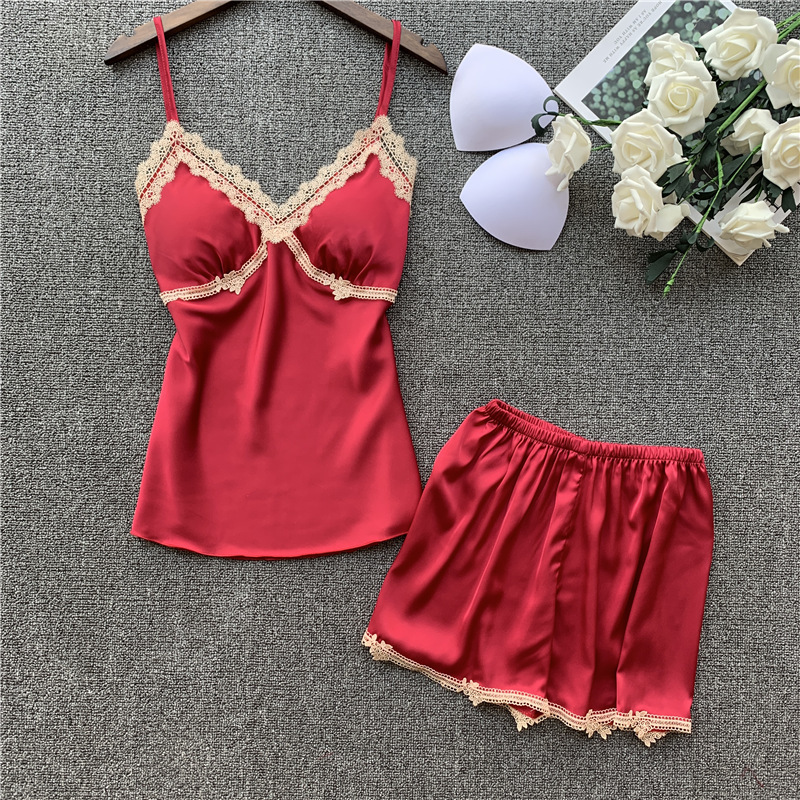 

Women's Pajamas Silk Embroidery Pijamas With Shorts 2Pcs Sexy Lingerie Cami Set Ladies' Pyjamas Nightie Sleepwear Suits, Gray