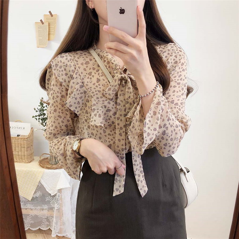 

Alien Kitty 2020 Sweet Bow Cute Floral All-Match Shirts Chic Ruffles Large Size Casual Gentle Brief Stylish New Print Blouses, Beige