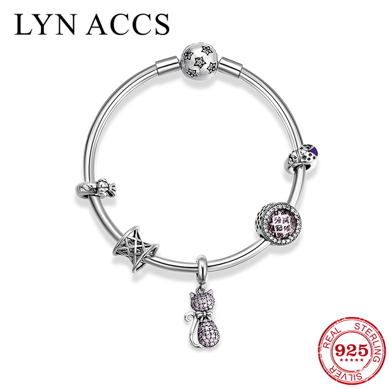 

New Fashion Charm Bracelets For Women 925 Sterling Silver Cat Pink CZ Beads Charm Party Wedding Bangles Fine Jewelry
