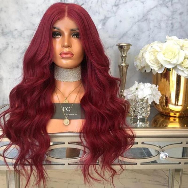 

Red Body Wave Wigs Lace Front Wigs Natural Synthetic Long Heat Resistant Fiber Hair 99J Color for Black Women, As pic